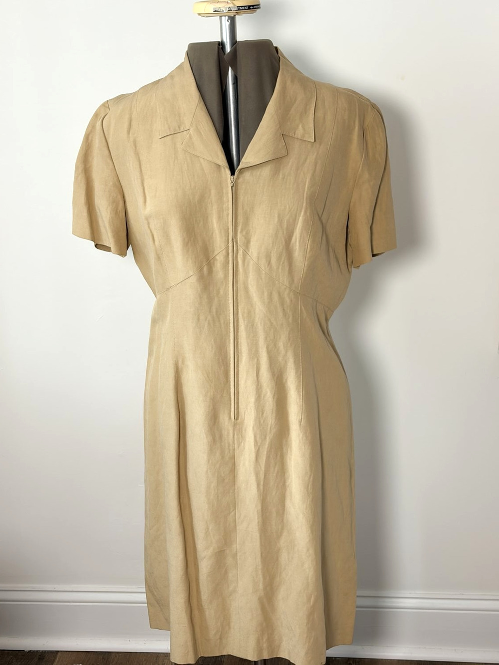 Carole Little Tan Silk Linen Blend Button-Front Dress Size 14